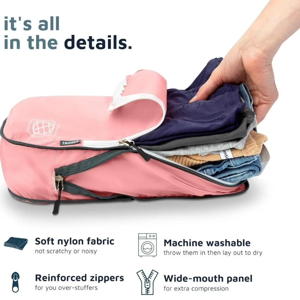 TRIPPED Compression Packing Cubes - 6-Piece Travel Essential Set - Dusty Rose
